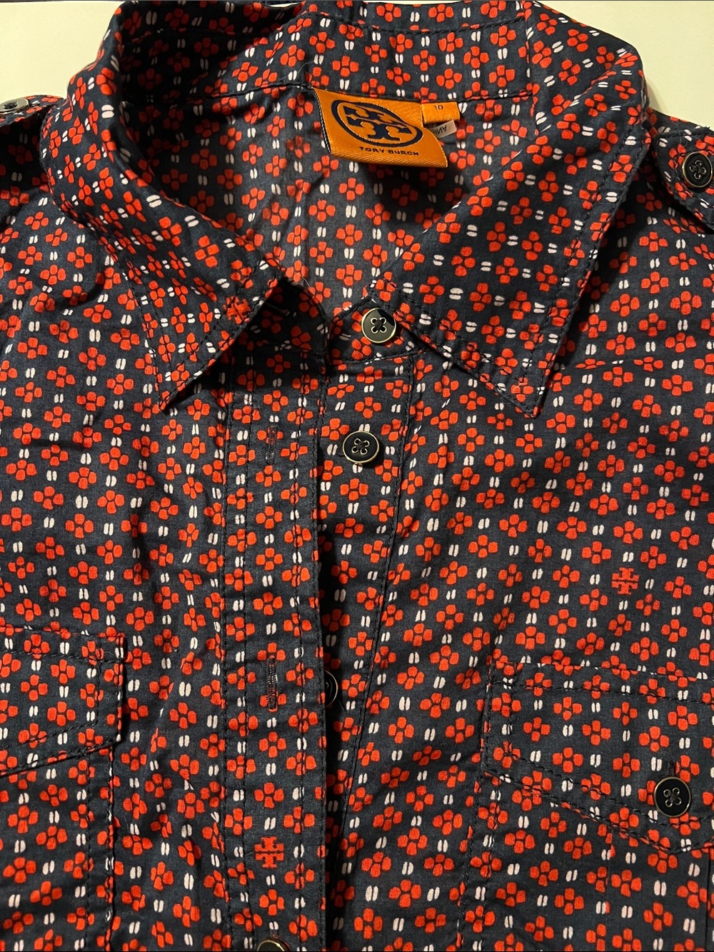 Tory Burch Navy Button-Down Shirt with Red Floral Motif